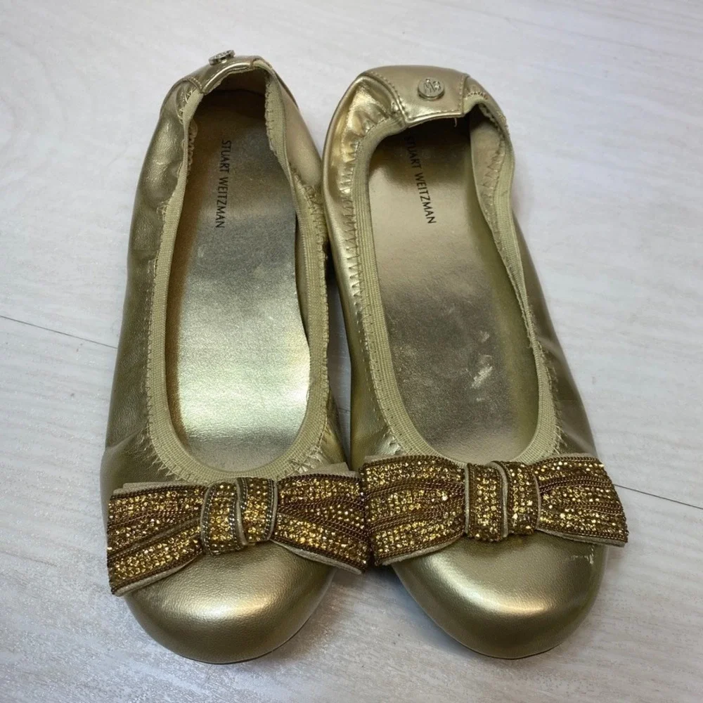 Stuart Weitzman Girls 4 Ballet Flats Fannie Chainbow Gold Rhinestone Party Shoes